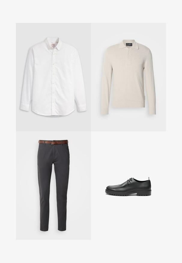 Pull col polo à manches longues beige clair en tricot doux avec une finition texturée, doté d'un col classique et d'une patte de boutonnage à trois boutons.; Chemise blanche à boutons en coton avec manches longues, col classique et ourlet arrondi. Dotée de boutons jaunes et d'un branding discret.; Pantalons gris foncé en coton avec une texture lisse, dotés d'une ceinture en cuir marron et d'un design fuselé.; Chaussures en cuir noir avec une finition lisse, bout arrondi et coutures décoratives. Elles possèdent une semelle en caoutchouc avec des rainures de traction et un laçage.