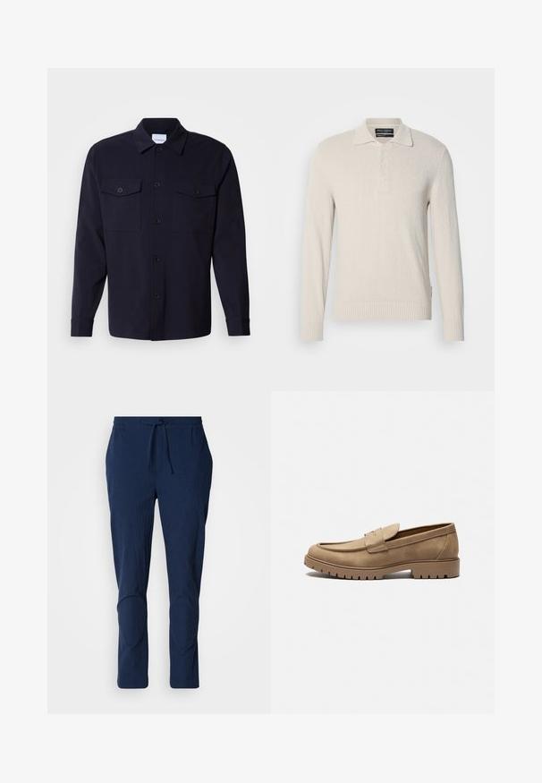 Lichtbeige lange mouw polo trui in een zachte brei met een gestructureerd oppervlak, voorzien van een klassieke kraag en een drieknoopsluiting.; Navyblauwe overhemdenjack gemaakt van zachte stof, met twee borstzakken, een knoopsluiting aan de voorkant en lange mouwen met knoopmanchetten.; Navyblauwe broek van een gestructureerde stof, met een elastische tailleband en trekkoord. Heeft taps toelopende benen met gestikte accenten bij de knieën.; Tan suède loafers met een ronde neus, platte rubberen zool en decoratieve stiksels op de bovenkant. Beschikt over een instapontwerp zonder veters.