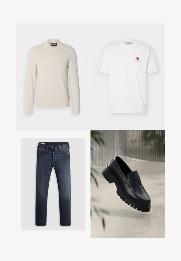 Lys beige langærmet polo sweater i blødt strik med struktureret overflade, der har klassisk krave og tre-knaps lukning.; Hvid kortærmet t-shirt med lille rød æblegrafik og sort tekst på venstre bryst, rund halsudskæring og mærke indeni kraven.; Mørkeblue denimjeans med lige ben, der har lynlås i fly, metalknapper og kobbernitter. Glat tekstur, ingen synlige mønstre.; Sorte læder loafers med en chunky sål, der har en dekorativ rem og syninger. Glat tekstur med en poleret overflade.