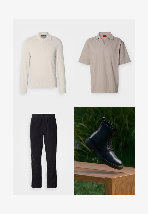 Lys beige langærmet polo sweater i blødt strik med struktureret overflade, der har klassisk krave og tre-knaps lukning.; Beige polo-shirt med korte ærmer i strik med et tekstureret lodret stribemønster og åben V-hals.; Sorte fløjl bukser med lige ben, elastisk talje og subtil vertikal ribbetekstur. Ingen synlige metaldele.; Sorte læder ankelstøvler med en glat finish, rund tå og snørebånd. Har en robust sål og en lille løkke bagpå.
