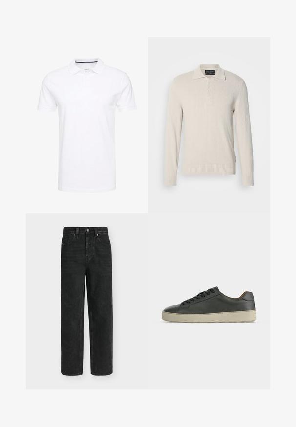 Pull col polo à manches longues beige clair en tricot doux avec une finition texturée, doté d'un col classique et d'une patte de boutonnage à trois boutons.; Polo shirt blanc en coton, avec un col traditionnel, des manches courtes et une patte de boutonnage à trois boutons, avec des accents navy discrets à l'intérieur.; Jean noir coupe droite avec taille haute, bouton et fermeture éclair à l'avant, poches latérales et arrière, présenté sur un fond clair uni.; Baskets basses en cuir noir avec lacets noirs et semelle en caoutchouc écrue, vues de côté extérieur sur fond blanc.