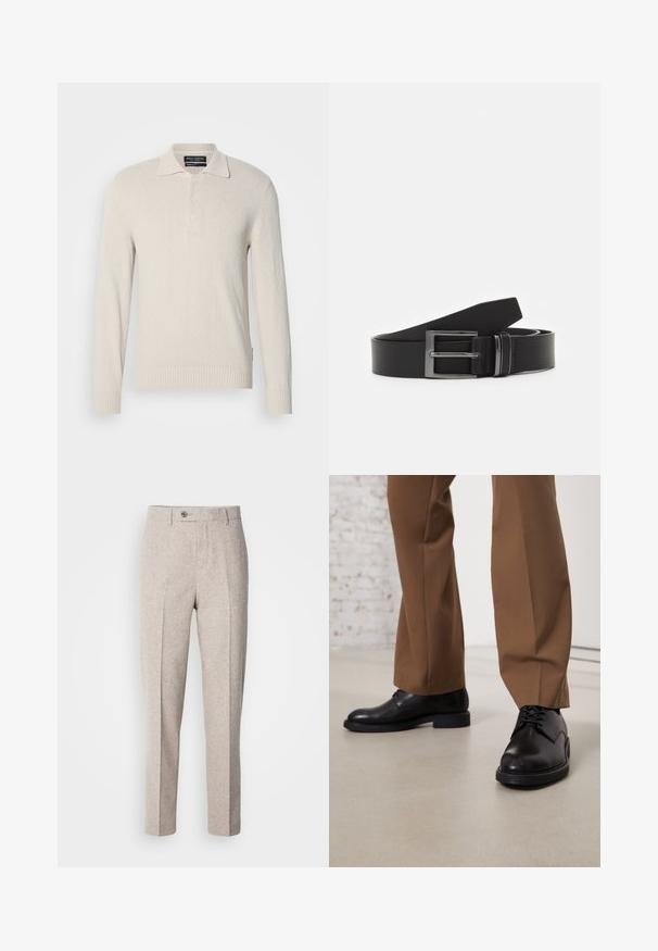 Suéter de polo de manga larga beige claro en un tejido de punto suave con un acabado texturizado, que cuenta con un cuello clásico y una tapeta de tres botones.; Pantalones de lana beige claro con una textura suave, corte recto, pliegues en la parte frontal y un cierre de botón único en la cinturilla.; Zapatos de cuero negro con superficie lisa y puntera redonda, que presentan cierre con cordones y una suela baja y plana. Combinados con pantalones marrones.; Cinturón de cuero negro con hebilla rectangular de metal plateado, diseño plano y textura suave. Los extremos se estrechan para facilitar el enhebrado.