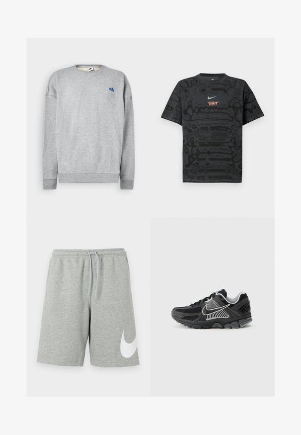 Sudadera gris confeccionada con una mezcla de algodón suave, con un cuello redondo y puños acanalados, adornada con un pequeño logo azul de Nike en el pecho.; Camiseta negra con un patrón texturizado, que presenta un pequeño logotipo de Nike en azul claro y un parche rectangular con el logotipo en colores contrastantes.; Pantalones cortos deportivos gris claro con cintura elástica, cordón ajustable y un gran logotipo blanco de Nike Swoosh en la parte inferior de la pierna izquierda.; Zapatilla deportiva negra con paneles de malla y detalles sintéticos. Presenta una punta redondeada, suela gruesa acolchada y detalles de logo en blanco que contrastan.