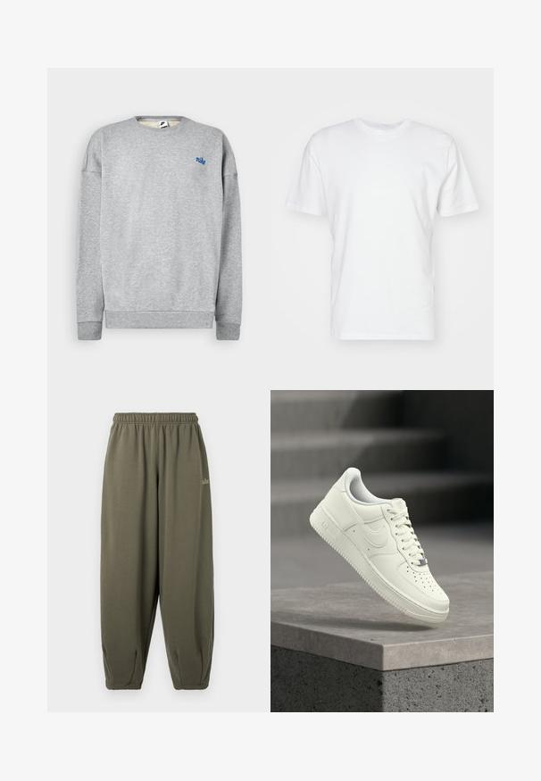Grå sweatshirt lavet af en blød bomuldsblanding, med rund halsudskæring og ribbede manchetter, samt et lille blåt Nike-logo på brystet.; Hvid bomulds T-shirt med korte ærmer, rund halsudskæring og en glat tekstur. Enkel design uden mønstre eller grafik.; Grågrønne sweatpants med elastisk talje og manchetter. Har minimal branding i matchende tråd på siden. Blød tekstur.; Hvid lædersneaker med lavprofildesign, tekstureret overflade, perforeringer på tåen og sølvfarvede detaljer på snørebånd og mærkning.