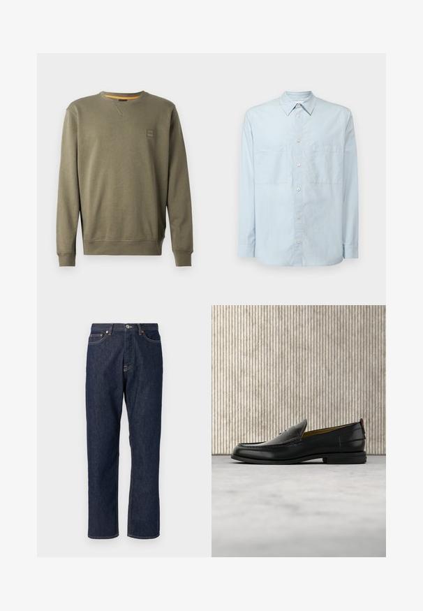 Oliven grøn sweatshirt i blødt bomuldsblanding, med rund hals, ribbede manchetter og et lille logo-patch på brystet.; Lyseblå button-up skjorte lavet af bomuld, med klassisk krave, lange ærmer, to brystlommer og en let afslappet pasform.; Mørkeblå denim jeans med lige ben-design. Har knappelukning og lynlås, fem lommer og kontraststikningsdetaljer.; Sort læder herreloafer med krokodillepræget forstykke og lav hæl, vist i profil på en neutral baggrund.