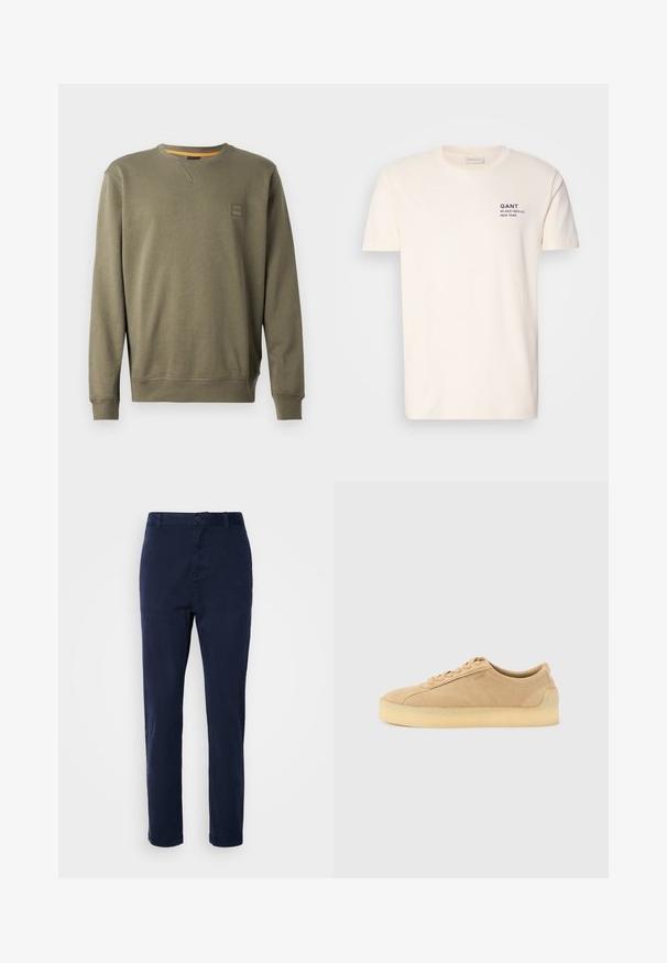 Olijfgroene sweatshirt van een zachte katoenmix, met een ronde hals, geribde boorden en een klein logo-opdruk op de borst.; Crème-kleurige katoenen t-shirt met een ronde hals, korte mouwen en een kleine marineblauwe opdruk op de borst met de tekst "GANT 32 EAST 39TH ST. NEW YORK."; Marineblauwe chinos gemaakt van lichtgewicht stof, met een recht toe-gevoegde ontwerp, drukknopsluiting en zijzakken. Glad van textuur zonder patronen.; Beige suède lage sneaker met dikke gumzool, vetersluiting aan de voorkant en subtiele zijkant branding op een effen lichtgrijze achtergrond.