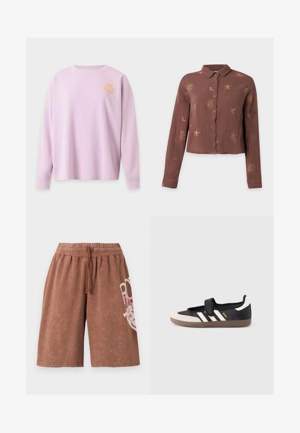 Pull rose clair à manches longues en maille gaufrée avec col rond et petit motif de fleur d’hibiscus jaune sur la partie supérieure gauche de la poitrine.; Chemise marron à manches longues avec col et boutons, décorée de motifs clairs de soleil, d’étoiles de mer et de cœur.; Shorts marron jusqu'au genou avec taille élastique et cordon, avec un motif textuel floral blanc et rose partiel sur la jambe droite.; Baskets noires et beiges avec une bride en velcro, trois bandes blanches sur le côté, et une semelle en caoutchouc marron texturée. Logo de la marque visible.