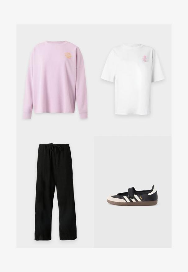 Pull rose clair à manches longues en maille gaufrée avec col rond et petit motif de fleur d’hibiscus jaune sur la partie supérieure gauche de la poitrine.; T-shirt en coton blanc à manches courtes, col rond, avec un petit logo rose "Vacation Club" sur le côté gauche de la poitrine.; Pantalon noir à jambe large en tissu texturé, avec une taille élastique et un cordon de serrage pour un ajustement réglable. Aucun motif ni accent visible.; Baskets noires et beiges avec une bride en velcro, trois bandes blanches sur le côté, et une semelle en caoutchouc marron texturée. Logo de la marque visible.