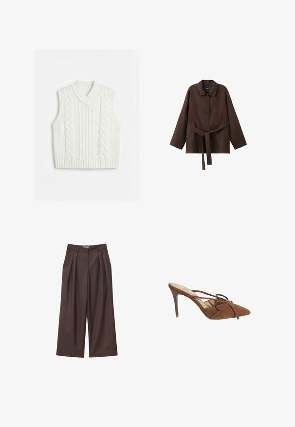 Veste sans manches blanche en tricot avec motif torsadé et encolure en V, emmanchures et ourlet côtelés.; Veste marron foncé à manches longues avec col, deux boutons et une ceinture assortie en tissu nouée à la taille.; Pantalon marron taille haute à jambes larges avec plis sur le devant, passants pour ceinture et fermeture éclair dissimulée à l'avant.; Desa Mules à talons - brown