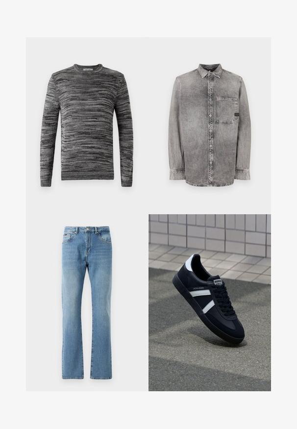 Jersey gris con un patrón de punto texturizado. Cuello redondo, mangas largas y puños y dobladillo acanalados. Tonos variados de gris añaden profundidad al diseño.; Camisa de mezclilla gris, de botones, de manga larga, con tejido de peso medio, un bolsillo en el pecho, acabado desgastado con botones en contraste, cuello clásico.; Jeans de mezclilla de color azul claro con un corte recto, cinco bolsillos y un desgaste sutil. Presentan una cintura clásica y dobladillo recto en los tobillos.; Zapatilla de cuero negra con rayas blancas, suela de goma texturizada y parte frontal con cordones. Cuenta con una etiqueta de marca en la lengüeta.
