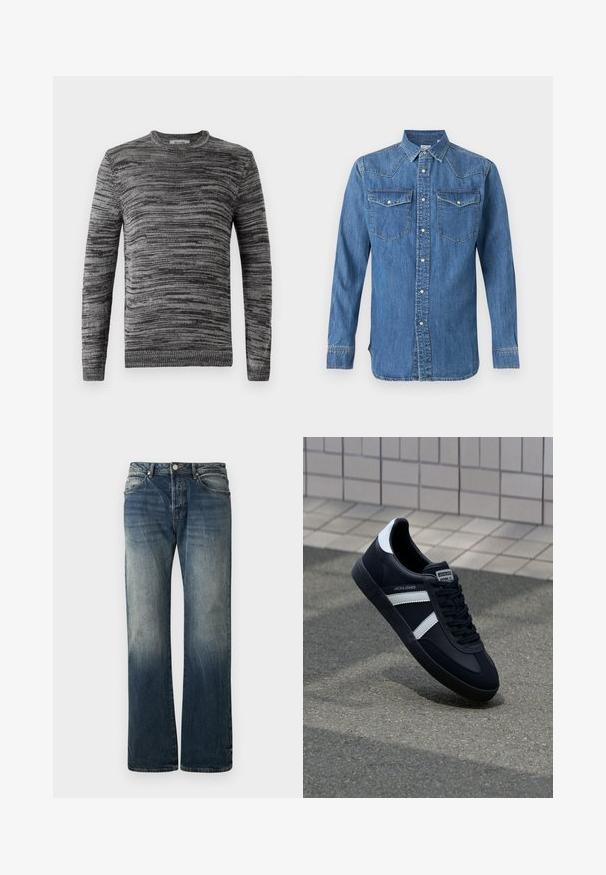 Grijze trui met een textuur gebreid patroon. Ronde hals, lange mouwen en geribde manchetten en zoom. Verschillende grijstinten voegen diepte toe aan het ontwerp.; Blauw denim overhemd met lange mouwen, vooraan knoopsluiting, puntkraag, twee borstzakken met kleppen en drukknopen, en zichtbare stikseldetails.; Donkerblauwe wijde spijkerbroek van denim. Kenmerkt zich door vervaagde details, een traditionele vijf-pocketontwerp en een metalen knoopsluiting bij de taille.; Zwarte leren sneaker met witte strepen, een gestructureerde rubberen zool en vetersluiting aan de voorkant. Voorzien van een merklabel op de tong.
