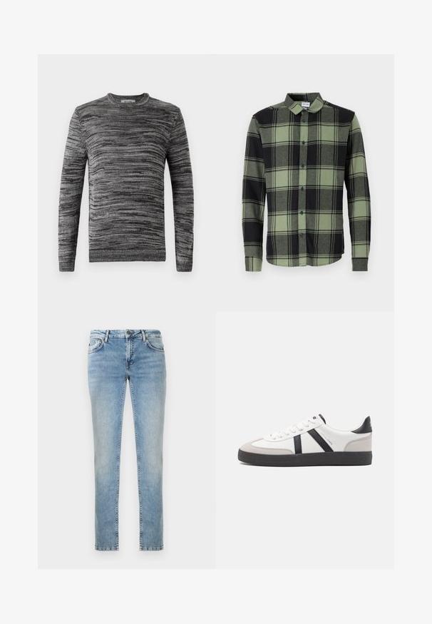 Grijze trui met een textuur gebreid patroon. Ronde hals, lange mouwen en geribde manchetten en zoom. Verschillende grijstinten voegen diepte toe aan het ontwerp.; Donkergroene en zwarte geruite button-up shirt met lange mouwen, met een klassieke kraag en blauwe knopen. Zachte, gestructureerde stof.; Lichtblauwe denim jeans met een rechte snit, voorzien van een vervaagd oppervlak, voorzakken en contrasterende stiksels. Schone randen aan de zoom.; Witte sneaker met zwarte en grijze accenten, voorzien van een grijze neus met textuur, zwarte rubberen zool en platte witte veters. Schoon ontwerp, minimalistische stijl.