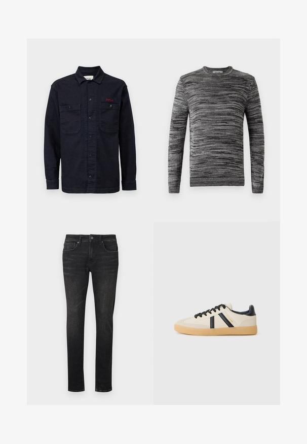 Jersey gris con un patrón de punto texturizado. Cuello redondo, mangas largas y puños y dobladillo acanalados. Tonos variados de gris añaden profundidad al diseño.; Camisa de mezclilla azul oscuro con mangas largas, cierre frontal de botones, dos bolsillos en el pecho y un pequeño logo rojo "REPLAY" en el bolsillo izquierdo.; Jeans de mezclilla negra con corte slim, diseño de cinco bolsillos y cierre de botones. Presentan un sutil difuminado y detalles de costura.; Zapatillas casuales en crema con rayas negras, con parte superior texturizada y suela de goma. Los cordones son negros. Logo sutil en el costado.