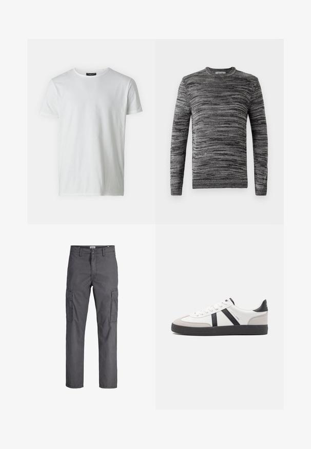 Jersey gris con un patrón de punto texturizado. Cuello redondo, mangas largas y puños y dobladillo acanalados. Tonos variados de gris añaden profundidad al diseño.; Camiseta blanca de manga corta y cuello redondo, hecha de algodón con una textura suave. Presenta una etiqueta en el cuello. Diseño simple y liso.; Pantalones cargo de color gris oscuro con un diseño de pierna recta, que cuentan con múltiples bolsillos laterales y un cierre de botón en la cintura. Material de mezcla de algodón.; Zapatilla blanca con acentos en negro y gris, que presenta una puntera texturizada en gris, suela de goma negra y cordones planos blancos. Diseño limpio, estilo minimalista.