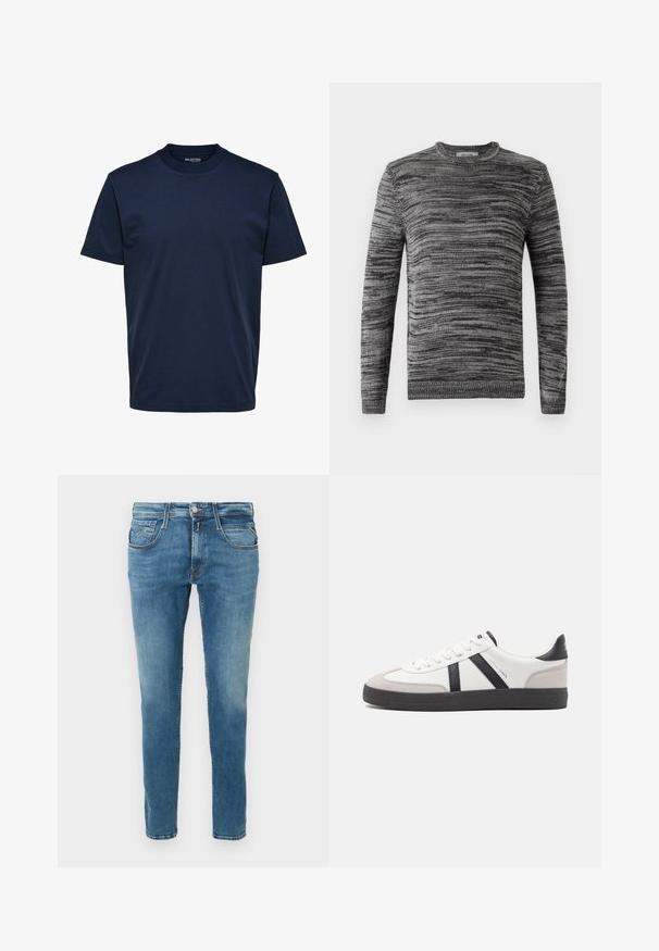 Jersey gris con un patrón de punto texturizado. Cuello redondo, mangas largas y puños y dobladillo acanalados. Tonos variados de gris añaden profundidad al diseño.; Camiseta de hombre lisa de color azul oscuro, manga corta y cuello redondo, con un corte regular y sin estampados ni logotipos visibles.; Vaqueros de mezclilla en azul claro con diseño de pierna recta. Cuenta con cinco bolsillos, cierre de botones y costuras en contraste a lo largo de las costuras.; Zapatilla blanca con acentos en negro y gris, que presenta una puntera texturizada en gris, suela de goma negra y cordones planos blancos. Diseño limpio, estilo minimalista.