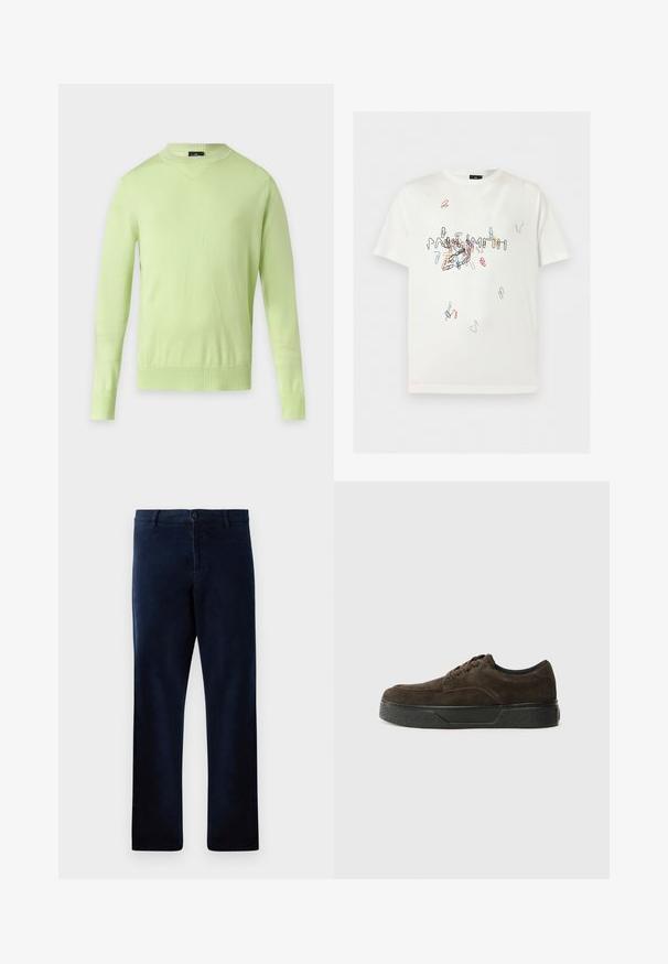 Pull vert clair à col rond manches longues avec poignets et ourlet côtelés sur un fond clair uni.; T-shirt blanc à manches courtes avec des motifs multicolores en forme de trombones formant le mot "PREMIUM" centré sur le devant.; Pantalons bleu marine en tissu doux et texturé, avec une fermeture à bouton et une coupe droite, dotés de détails de couture subtils.; Baskets en suede marron avec une silhouette basse, un bout rond, un design à lacets, une semelle en caoutchouc noir texturé et un branding minimal.