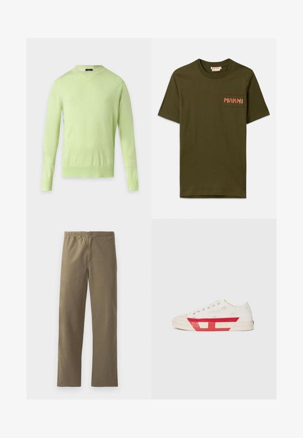 Lysegrøn crewneck trøje med lange ærmer og ribstrikkede manchetter og kant på en ensfarvet lys baggrund.; Olivengrønt bomulds T-shirt med rund hals, med en lille påsat lomme og broderet "MARNI" i rød tråd.; Khaki bukser lavet af letvægtsmateriale. Har en elastisk talje, knaplukning, lige ben og en glat overflade.; Lærreds sneakers med en hvid overdel, røde gummidetaljer og et tekstureret design. Har en rund tå og fem huller til snørebånd.