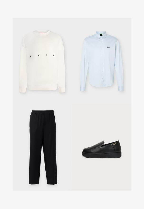 Hvid langærmet crewneck-sweatshirt med "HUGO" trykt på brystet i sorte bogstaver med afstand mellem.; Lyseblå langærmet skjorte med knapper og krave, sort "BOSS"-logo på venstre bryst og manchetter med knapper.; Sorte bukser med elastisk talje, lige ben-design og et glat, let stof. Ingen synlige lommer eller mønstre.; Sort læderslip-on sko med tyk sål og lille gyldent "Hugo" logo på hælsiden, vist i profil på en neutral baggrund.