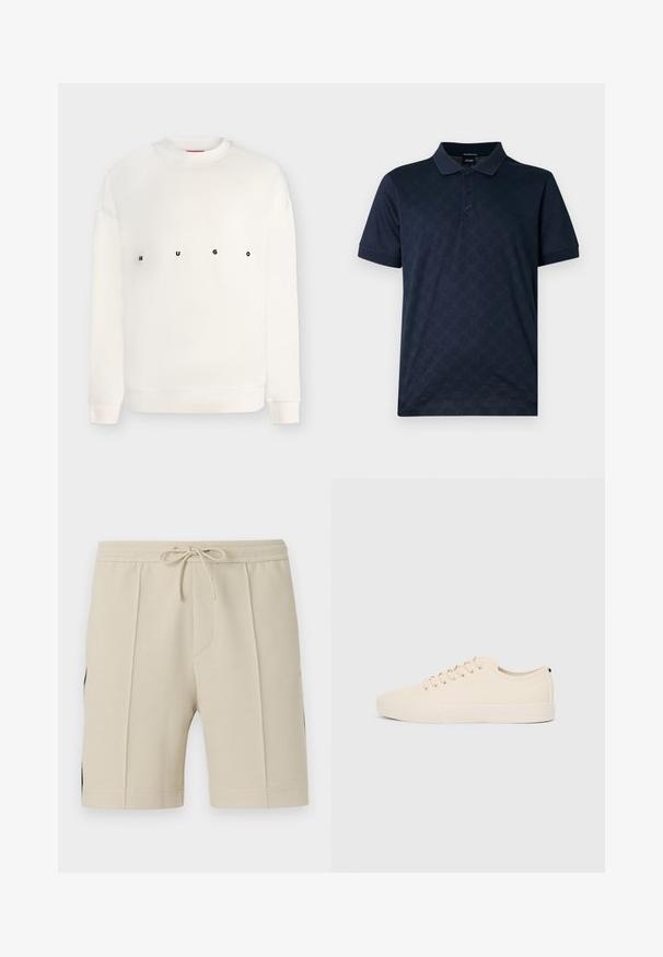 Sweat-shirt blanc à manches longues avec col rond, imprimé "HUGO" en lettres noires espacées sur la poitrine.; Polo bleu marine en coton, présentant un motif texturé, une patte de boutonnage à trois boutons et des manches courtes. Tissu lisse et respirant.; Shorts texturés beiges avec plis avant, taille élastique et lien à nouer, présentés sur un fond uni.; Baskets en toile beige avec bout arrondi, semelle en caoutchouc plate et lacets à l'avant. Présente un design minimaliste et un accent noir contrastant au niveau du talon.