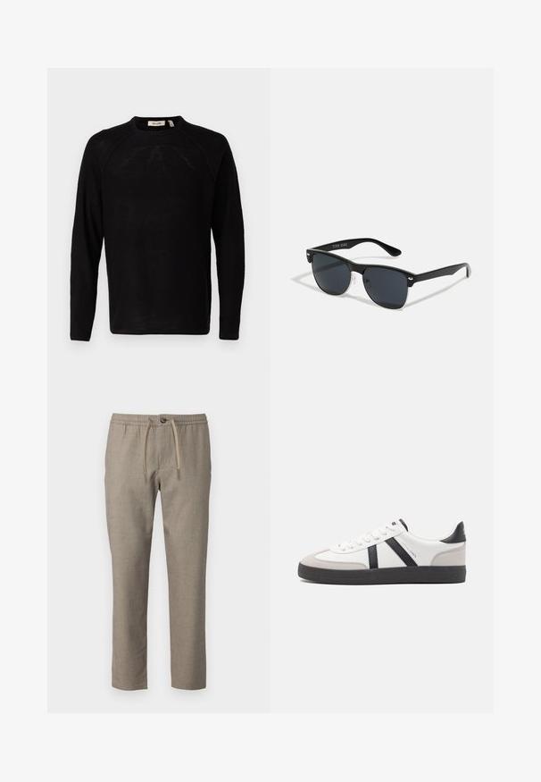 Only & Sons ONSAPOLLO CREW - Jersey de punto - black; Pantalones beige con una cinturilla elástica, cierre de cordón y corte recto. El material tiene una textura sutil.; Zapatilla blanca con acentos en negro y gris, que presenta una puntera texturizada en gris, suela de goma negra y cordones planos blancos. Diseño limpio, estilo minimalista.; Gafas de sol negras con forma rectangular, lentes oscuros, detalles plateados en las patillas y un acabado mate en la montura.