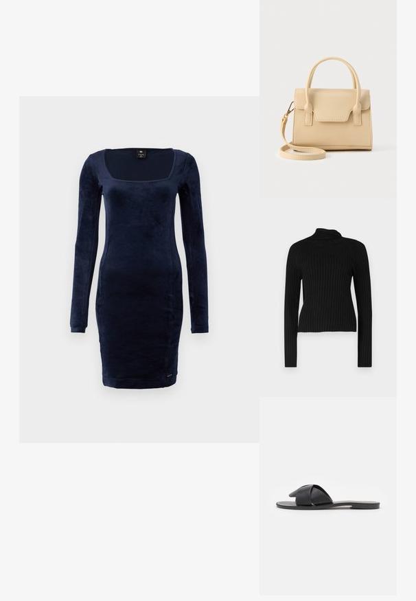 Sort ribbet højhalset sweater med lange ærmer og en tætsiddende silhuet. Har struktureret stof og et blødt, strækbart materiale.; Mørkeblå kjole med lange ærmer i et blødt, fløjlsagtigt materiale med firkantet udskæring og tætsiddende pasform, der har diskrete sømme og en længde under knæene.; Sort slip-on sandaler med krydsede stropper. Fremstillet af glat læder med en flad sål og minimal syning. Enkel, åben tå design.; Beige læderhåndtaske med et struktureret design, der har en topstrop, aftagelig rem og syninger som detaljer.