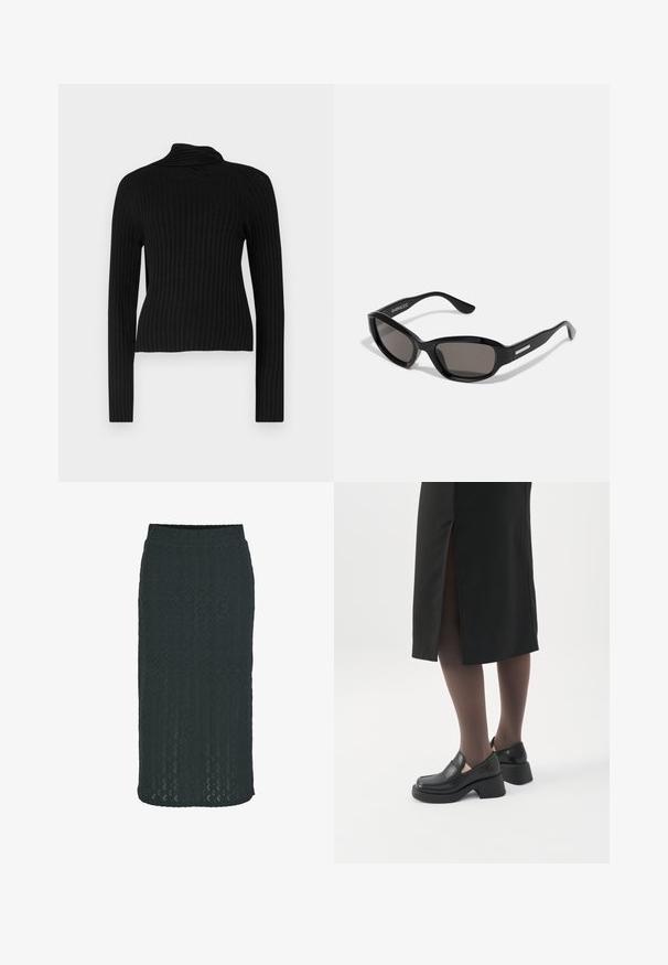 Sort ribbet højhalset sweater med lange ærmer og en tætsiddende silhuet. Har struktureret stof og et blødt, strækbart materiale.; Knælængde blyantskirt i mørkegrøn, lavet af struktureret strikstof med et geometrisk mønster og elastisk talje for komfort.; Kvinde iført sorte loafers med chunky hæl, sorte tynde strømpebukser og en sort nederdel med slids bagpå på hvid baggrund.; Sorte solbriller med rektangulært stel, mørke linser, glat plastmateriale og en metalaccent på templet.