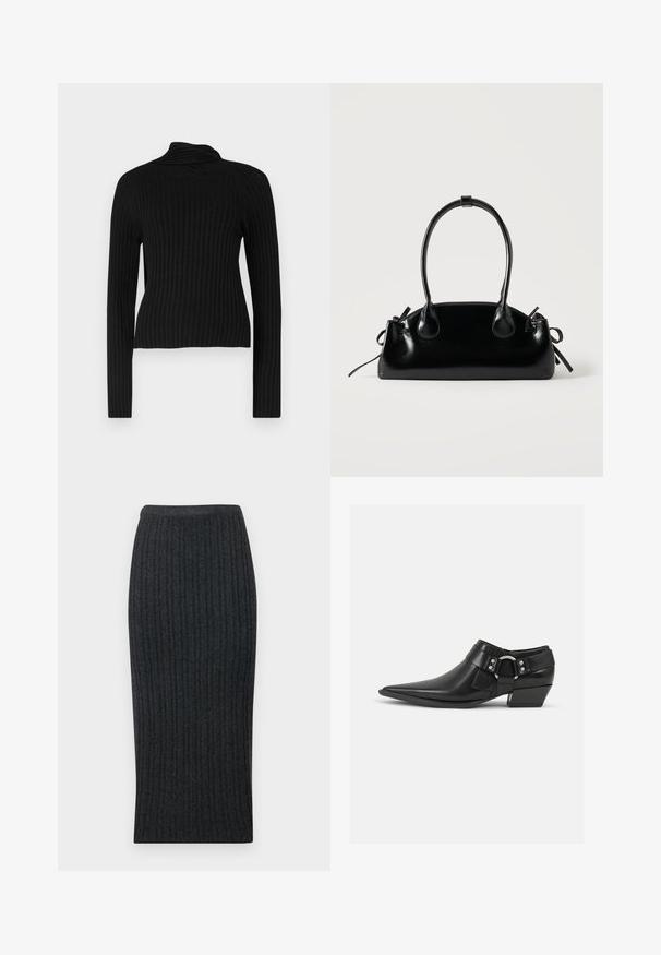 Suéter negro de cuello alto con mangas largas y una silueta ajustada. Presenta una tela texturizada y un material suave y elástico.; Falda midi de punto acanalado en gris oscuro con una silueta ajustada y cinturilla elástica. Presenta un canalé vertical para mayor textura.; Botas de cuero negras hasta el tobillo con puntera puntiaguda, que presentan una correa de cuero en la parte delantera y un detalle de hebilla plateada, además de un tacón bajo y cuadrado.; Pequeño bolso negro brillante con dos asas largas y detalles de cordón lateral sobre un fondo claro liso.