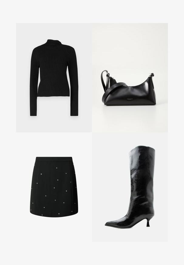 Sort ribbet højhalset sweater med lange ærmer og en tætsiddende silhuet. Har struktureret stof og et blødt, strækbart materiale.; Sort nederdel lavet af stof med en glat tekstur, udsmykket med spredte sølvnitter som accenter. Lige snit med en ren kant.; Sort skinnende knæhøj læderstøvle med spids tå og lav buet hæl på en ensfarvet lys baggrund.; Sort læderhåndtaske med en glat tekstur. Har en justerbar stropp og et enkelt, minimalistisk design med lynlås.
