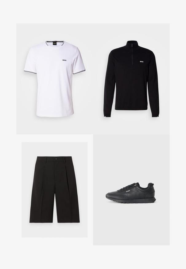 Mustast pikkade varrukatega pullover poolteibiga kaelusega, millel on sooniline tekstuur ja valge "BOSS" logo rinnal. Pehme kangaviimistlus.; Valge puuvillane T-särk lühikeste varrukatega, ümmarguse kaelusega ning mustade triipudega kaeluse ja varruka äärtes. Rinnas on väike "BOSS" logo.; Mustad kohandatud põlveni ulatuvad püksid nööpklõpsu, vööaasa ja eesmisel volditud detailiga tavalise valge taustal.; Mustad mustad tennised, millel on sokkide ja tekstuuriga detailid ning küljel "HUGO" logo, esitatud profiilis valgel taustal.