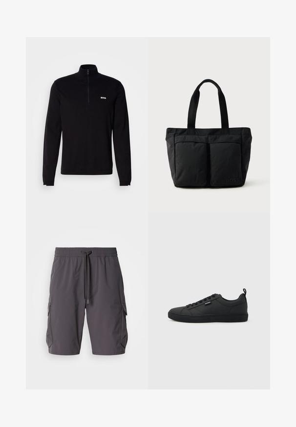 Schwarzer Langarm-Pullover mit halbem Reißverschluss am Kragen, mit Rippstruktur und weißem "BOSS"-Logo auf der Brust. Weiche Stoffverarbeitung.; Graue Cargo-Shorts aus leichtem Stoff, mit einem Kordelzugbund, Seitentaschen und einem leicht lockeren Schnitt.; Schwarzer Sneaker mit niedrigem Schnitt, Schnürverschluss, flacher Sohle und kleinem "HUGO"-Label an der Seite, im Profil auf hellem Hintergrund gezeigt.; Schwarze Tragetasche aus weichem Stoff, mit zwei vorderen Taschen und stabilen Tragegriffen. Logo an der Seite angebracht. Einfaches, funktionales Design.