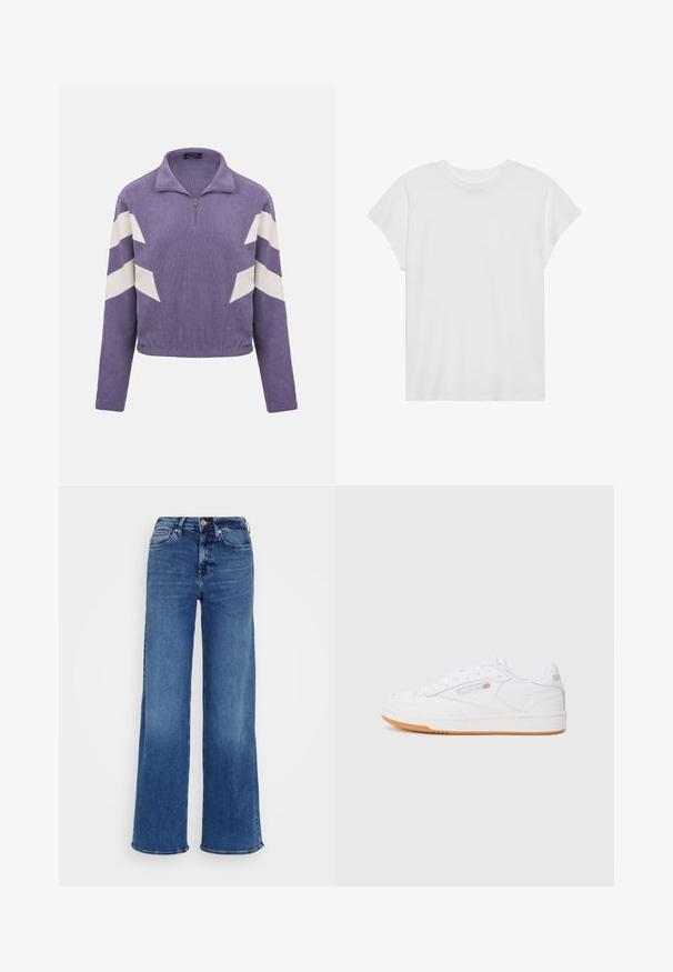 Pull-over violet à manches longues avec des rayures en forme de chevron blanches sur les manches, col à demi-fermeture éclair et ceinture élastique sur un fond uni.; T-shirt blanc à manches courtes, col rond, coupe décontractée, en tissu de coton doux. Texture lisse, sans motifs ni logos.; Jean bleu à jambes larges en denim, avec une taille haute, cinq poches et une fermeture à boutons. Délavage subtil et détails de couture visibles.; Baskets blanches en cuir avec un design bas, présentant une semelle en caoutchouc blanc texturé et une semelle extérieure en caoutchouc beige. Accents de logo subtils présents.