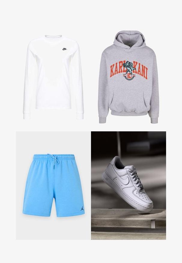 Grå hættetrøje med rødt tekst "KARL KANI" og en ørn grafik. Indeholder en frontlomme samt ribbede manchetter og kant.; Hvid langærmet T-shirt lavet af bomuld, med et lille sort Nike-logo på venstre bryst og en rund halsudskæring. Glat tekstur.; Lyseblå atletikshorts med elastisk talje, justerbar snøre og lille sort Jumpman-logo på det nederste venstre ben.; Hvid læder Nike Air Force 1 sneaker med perforeret tå, flade snørebånd og tekstureret gummisål med "AIR" branding på siden.