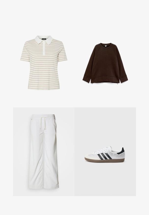 Mørkebrun langærmet sweatshirt med rund hals, dropped skuldre, brede manchetter og små lynlåse i siden ved sømmen.; Krave kortærmet polo shirt med skiftende lys beige og hvide striber, med knaplukning og ribbet tekstur.; Hvide bukser med brede ben lavet af blød bomuld. Har en elastisk talje med snøre og diskrete sidesømsdetaljer.; Hvid mesh-sneaker med sorte striber, beige ruskind på tåhætte og hæl, tekstureret gummisål og hvide snørebånd. Klassisk lavtopsdesign.