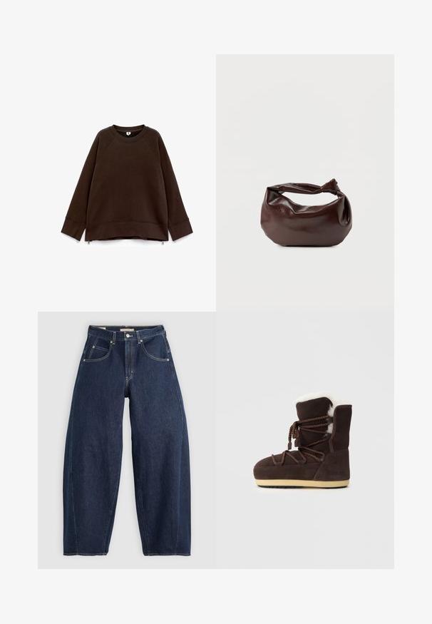 Sweatshirt long à manches longues marron foncé avec un col rond, des épaules tombantes, des poignets larges et de petites fermetures éclair sur les côtés à l'ourlet.; Jean en denim bleu foncé, à coupe ample, avec des coutures claires, cinq poches et un bouton de fermeture à la taille.; Botte en suede marron avec un dessus en fausse fourrure blanche, des liens en dentelle et une semelle en caoutchouc beige. Le côté présente le texte "MOON BOOT."; Sac bandoulière en cuir marron foncé avec une forme souple et décontractée et une anse nouée torsadée sur un fond blanc uni.