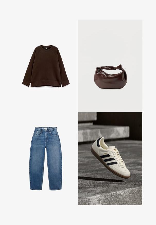 Donkerbruine longsleeve sweatshirt met ronde hals, verlaagde schouders, brede manchetten en kleine ritsen aan de zijkanten van de zoom.; Hoge taille blauwe denim jeans met een rechte pijp, voorzien van vijf zakken, riemlussen en subtiele vervaging voor extra textuur.; Witte Adidas Samba sneaker met zwarte strepen en gumzool, zwevend boven gestructureerde grijze betonnen treden.; Donkerbruine leren schoudertas met een zachte, slungelige vorm en een gedraaide knoopvormige handgreep op een effen witte achtergrond.