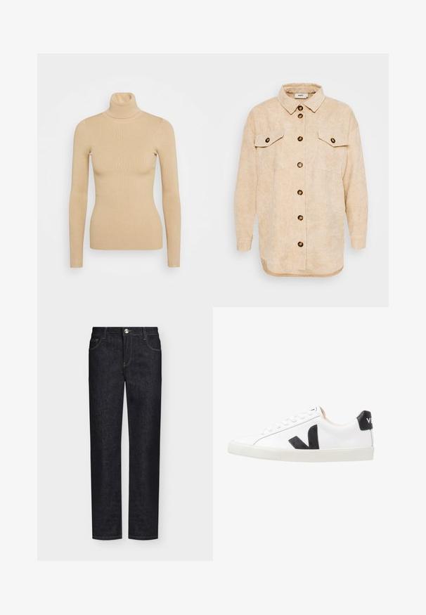 Beige ribbet rullekravesweater med lange ærmer, der har en tætsiddende silhuet og en glat overflade. Ingen synlig hardware eller mønstre.; Beige kordfløjl skjortejakke med kravesnit, frontlukning med knapper, to brystlommer og en afslappet pasform. Tekstureret stof med lodrette ribber.; Sorte jeans med lige ben, forlommer, bæltestropper og knaplukning på en ensfarvet baggrund.; Hvide sneakers med et sort V-logo, der har en glat læderoverdel, rund tå, snørrelukning og en kontrasterende sort hælflap.