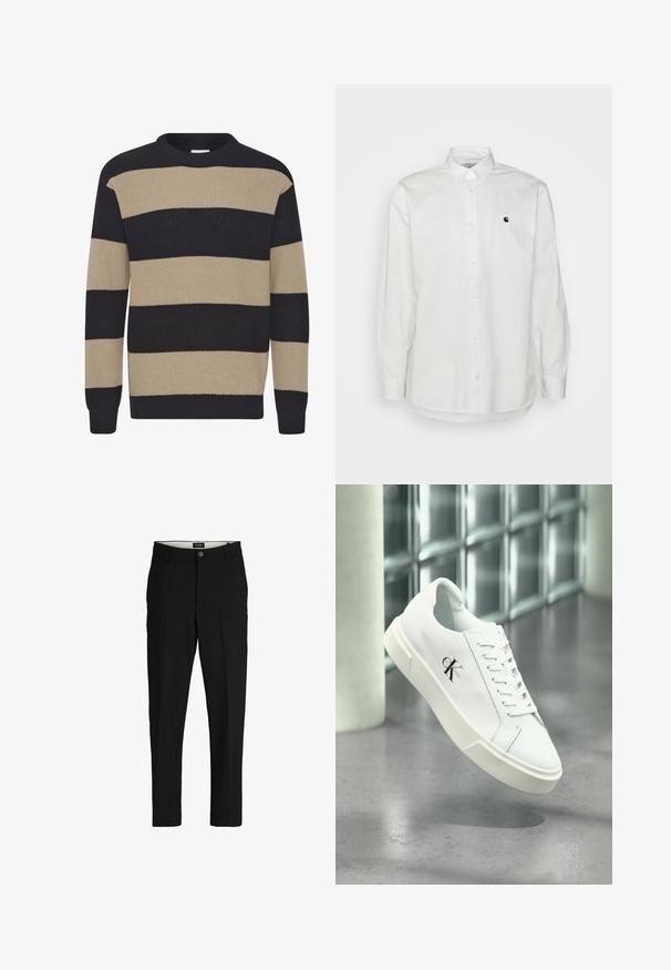 Striktrøje med brede horisontale striber i sort og beige, rund halsudskæring, lange ærmer og ribbede manchetter.; Hvid langærmet skjorte med knapper lavet af bomuld, med et lille sort logo på venstre bryst og en klassisk krave med knapdetaljer.; Sorte bukser lavet af glat stof, med en skræddersyet design, lige ben, to forlommer og en enkelt knaplukning.; Hvid Calvin Klein sneaker med snørebånd, vist svævende over en poleret betongulv og en baggrund af glasblokke.