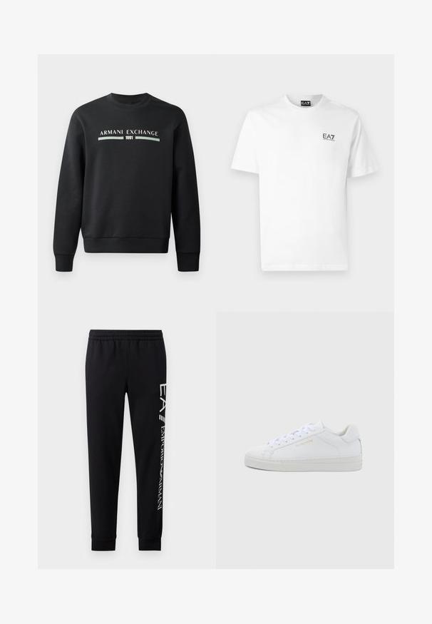 Sudadera negra hecha de un tejido suave. Presenta un cuello redondo y mangas largas. En la parte frontal se exhibe "ARMANI EXCHANGE" y "1991" en colores contrastantes.; Camiseta de algodón blanca con cuello redondo, mangas cortas y un logo negro de EA7 en el lado izquierdo del pecho. Textura suave y lisa.; Pantalones de chándal negros hechos de una mezcla de algodón, con una cinturilla elástica, piernas estrechas, puños acanalados y estampado de logo blanco en el lateral.; Zapatillas bajas de cuero blanco con puntera redonda, cordones planos, suela texturizada y sutil marca dorada en el lateral. Superficie lisa y diseño minimalista.