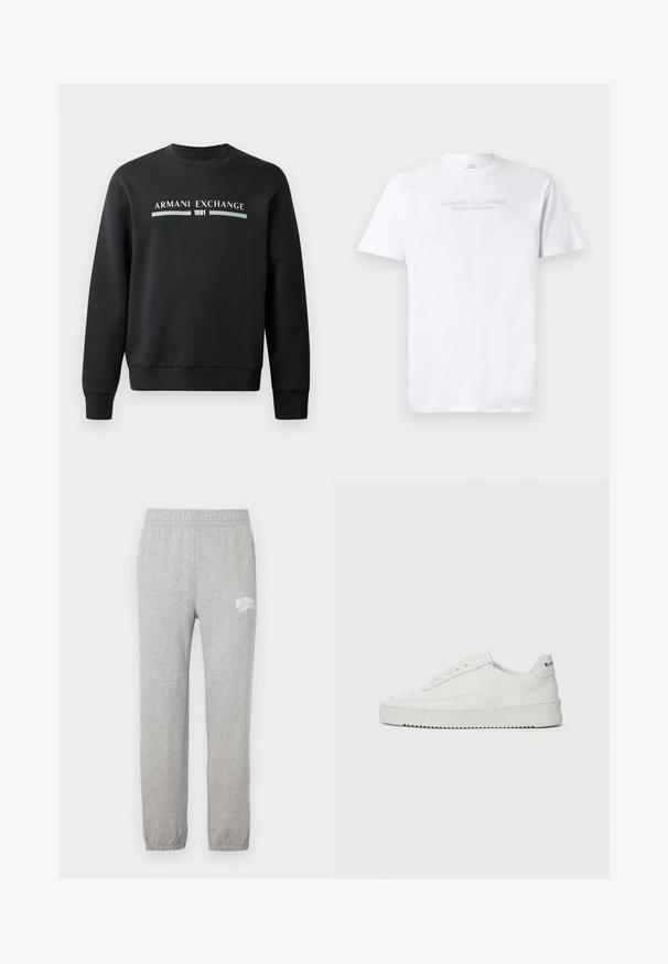Sort sweatshirt lavet af blødt stof. Har en rund hals og lange ærmer. Forsiden viser "ARMANI EXCHANGE" og "1991" i kontrastfarver.; Hvid bomulds T-shirt med rund halsudskæring, korte ærmer og prægede "ARMANI EXCHANGE MILANO/NEW YORK" logo på fronten.; Grå bomulds sweatpants med elastisk talje og tapered ben. Har et hvidt logo på venstre lår. Glat tekstur.; Hvide lædersneakers med en glat overflade, rund tå, flade snørebånd og en tekstureret sål. Har et diskret logo på hælen.