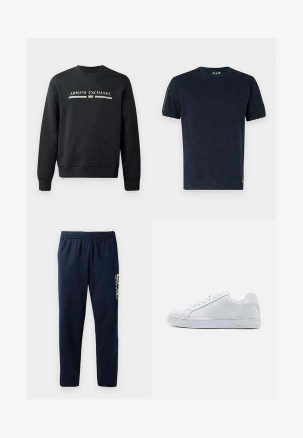 Sort sweatshirt lavet af blødt stof. Har en rund hals og lange ærmer. Forsiden viser "ARMANI EXCHANGE" og "1991" i kontrastfarver.; Marineblå t-shirt lavet af bomuld med korte ærmer, rund halsudskæring og teksturerede skulderdetaljer. Logo nederst til venstre.; Marineblå sweatpants med elastisk talje, tætsiddende ben og et hvidt logo på siden. Glat stof med en let tekstur.; Hvide lædersneakers med en glat overflade, rund tå, snørebånd foran og flad gummisål. Har prægede branding på hælen.