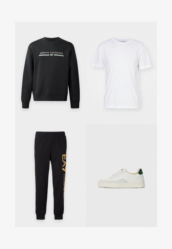 Zwarte sweatshirt gemaakt van zachte stof. Heeft een ronde hals en lange mouwen. De voorkant toont "ARMANI EXCHANGE" en "1991" in contrasterende kleuren.; Witte katoenen T-shirt met een ronde hals, korte mouwen en een rechte snit. Geen patronen of versieringen, gladde textuur en eenvoudig ontwerp.; Zwarte trainingsbroek van zacht materiaal, met een elastische tailleband en cuffed enkels. Gele branding die verticaal op het linkerpijp is gedrukt.; Witte sneaker met suède accenten, ronde neus, platte veters en een crème rubberen zool. Bevat groene branding op de hiel.