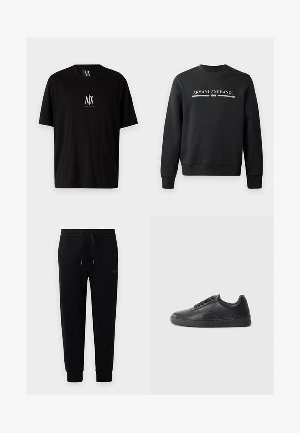 Sweat-shirt noir en tissu doux. Possède un col rond et des manches longues. L'avant affiche "ARMANI EXCHANGE" et "1991" dans des couleurs contrastantes.; T-shirt en coton noir à manches courtes, col rond, avec un petit logo blanc "A|X" centré sur la poitrine.; Pantalons de sport noirs en mélange de coton, dotés d'une taille élastique avec cordon de serrage, de chevilles côtelées et d'une impression de logo discrète sur le côté.; Chaussure de sport en cuir noir avec une finition lisse, bout arrondi, panneau latéral texturé et lacets noirs. Présente une semelle en caoutchouc plate et un design minimaliste.