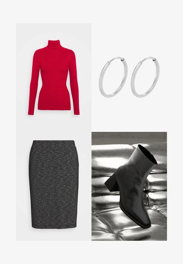 Rød ribbet turtleneck sweater med lange ærmer, struktureret stof, tætsiddende silhuet og høj krave. Ingen synlige detaljer.; Sort pencilskørt med et tekstureret mønster, tætsiddende design, knælangt, med høj talje og ingen synlige metaldele eller pynt.; Sorte ankelstøvler lavet af glossy materiale med firkantet tå og spidse hæle, sat mod en skinnende sølv tuftet baggrund.; Sølv hoops øreringe, cirkulær form, glat skinnende tekstur og ensartet bredde hele vejen igennem. Minimalistisk design uden yderligere accenter.
