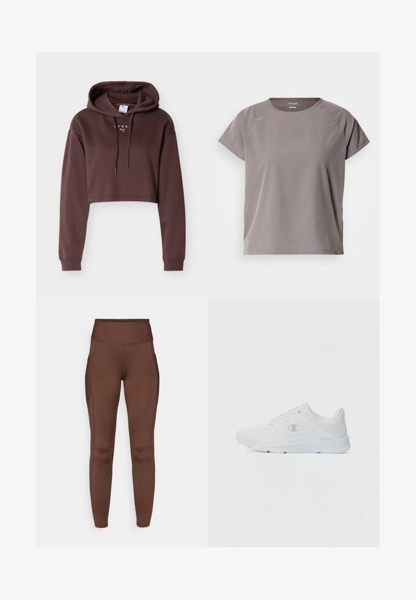 Sweat à capuche marron raccourci avec manches longues, capuche à cordon de serrage, et petits logos blancs Puma et HYROX sur la poitrine, sur un fond clair.; T-shirt de sport gris clair à manches courtes avec un col rond, une texture lisse et des fentes latérales pour faciliter les mouvements. Présente un logo sur la poitrine.; Leggings marron extensibles avec une taille haute, dotés de poches latérales et d'une texture lisse. Les coutures soulignent la forme.; Baskets blanches avec une tige en mesh texturé, un col rembourré et un logo contrastant sur le côté. Comprend une semelle en caoutchouc légère.