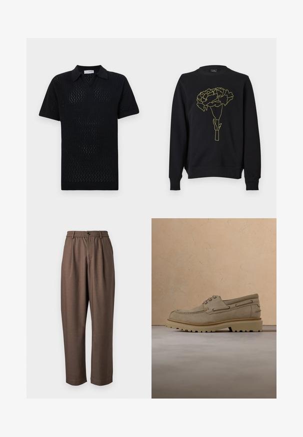 Schwarzer Pullover mit einer gelben Linienzeichnung einer Nelkenblume auf der Vorderseite. Er hat einen Rundhalsausschnitt und lange Ärmel.; Schwarzes kurzärmliges Polo-Shirt mit einem strukturierten Rautenmuster, ausgestattet mit einem Kragen und geripptem Saum sowie Ärmeln.; Braune Hose mit lockerem Schnitt, vorgefalzt, elastischem Bund und Knopfverschluss. Der Stoff hat eine glatte, weiche Textur.; Beiger Wildleder-Casual-Schnürschuh mit dicker, profilierter Sohle, schwebend über passender beiger strukturierter Oberfläche und Hintergrund dargestellt.