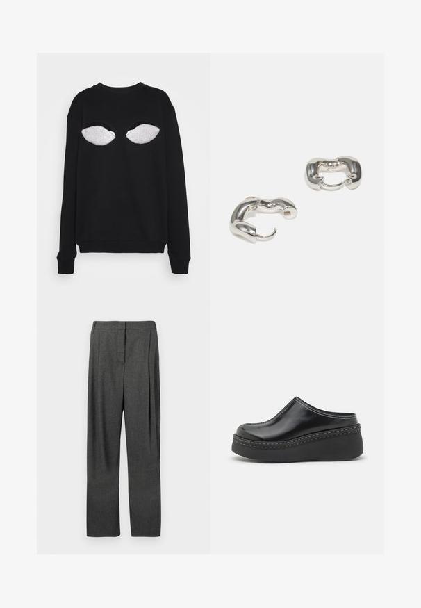 Christopher Kane THE GOODBYE - Sweatshirt - black; Grå skræddersyede bukser lavet af vævet stof, med lige ben, frontfolder og en glat tekstur.; Sorte blanke klodser med platform, rund tå, buet overdelen og kontrasterende hvid sting langs kanten af sålen.; Sølvøreringe med et glat, bølget design; har en kraftig form og en poleret overflade, der fremhæver en moderne æstetik.