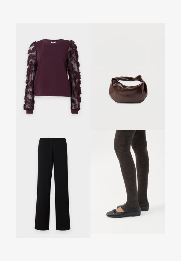 Sudadera burdeos con mangas transparentes adornadas con flores de tela con volantes. El diseño se completa con un cuello redondo y puños ajustados.; Pantalones de pierna ancha negros con cintura elástica, hechos de una tela suave, que presentan un diseño limpio y minimalista sin adornos.; Piernas con leggings oscuros acanalados combinados con bailarinas negras que presentan pequeños detalles de lazo sobre un fondo blanco.; Bolso de hombro de cuero marrón oscuro con una forma suave y caída, y un asa con nudo torcido sobre un fondo blanco liso.