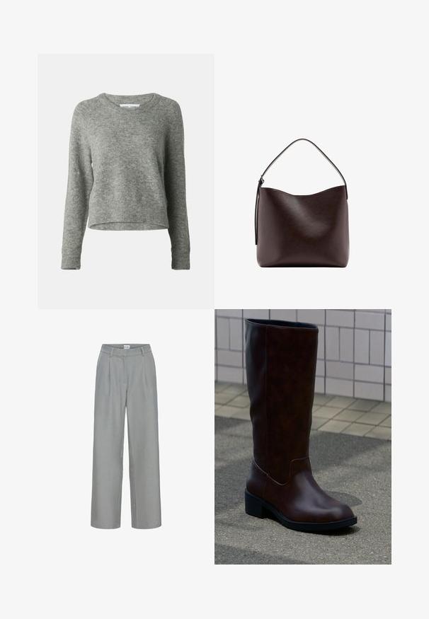 Pull en laine gris avec un col rond, de longues manches raglan et des poignets côtelés. Conception cropped avec une texture douce et des détails minimalistes.; Pantalon gris sur mesure à coupe droite, avec plis, devant plat et texture de tissu lisse, fini avec une étiquette à la ceinture.; Botte en cuir marron foncé mi-mollet avec un bout arrondi et un petit talon bloc, posée sur le trottoir près d’un mur carrelé.; Sac à main en cuir brun foncé avec une seule poignée supérieure incurvée et une surface lisse et dépourvue d'ornements sur fond blanc.