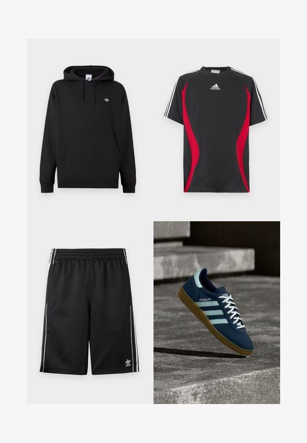 Μαύρο φούτερ Adidas με μπροστινή τσέπη καγκουρό, κουκούλα με κορδόνι, ριμπ μανσέτες και μικρό λευκό λογότυπο Trefoil στο αριστερό στήθος.; Μαύρη κοντομάνικη μπλούζα με κόκκινες πλάγιες λεπτομέρειες, λευκό λογότυπο Adidas στο στήθος και λευκές ρίγες στους ώμους. Κατασκευασμένη από λείο ύφασμα.; Μαύρο αθλητικό σορτς Adidas με λευκές ρίγες στα πλάγια, ελαστική μέση, πλαϊνές τσέπες και λογότυπο Adidas στο κάτω αριστερό πόδι.; Μπλε sneaker Adidas Spezial με λευκές ρίγες και κορδόνια, λαστιχένια σόλα, αιωρείται πάνω από τραχιά επιφάνεια σκυροδέματος και σκαλοπάτια στο φόντο.