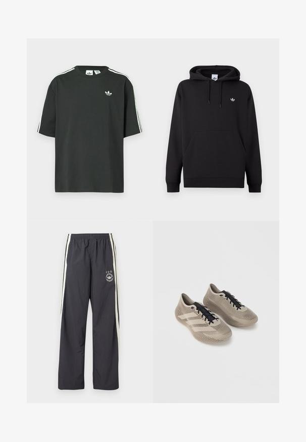 Μαύρο φούτερ Adidas με μπροστινή τσέπη καγκουρό, κουκούλα με κορδόνι, ριμπ μανσέτες και μικρό λευκό λογότυπο Trefoil στο αριστερό στήθος.; Μαύρο βαμβακερό μπλουζάκι με κοντά μανίκια, στρογγυλή λαιμόκοψη και λευκές τρεις ρίγες στο ύψος των ώμων. Φέρει μικρό λευκό λογότυπο στο στήθος.; Σκούρο γκρι παντελόνι φόρμας με λευκές πλευρικές ρίγες, ελαστική μέση και κυκλικό λογότυπο με τρία αστέρια στο αριστερό μηρό. Ελαφρύ ύφασμα.; Ζευγάρι μπεζ αθλητικά παπούτσια με μαύρα κορδόνια, διαθέτοντας υφή με ριγέ μοτίβο και τρεις πλαϊνές γραμμές σε απλό φόντο.